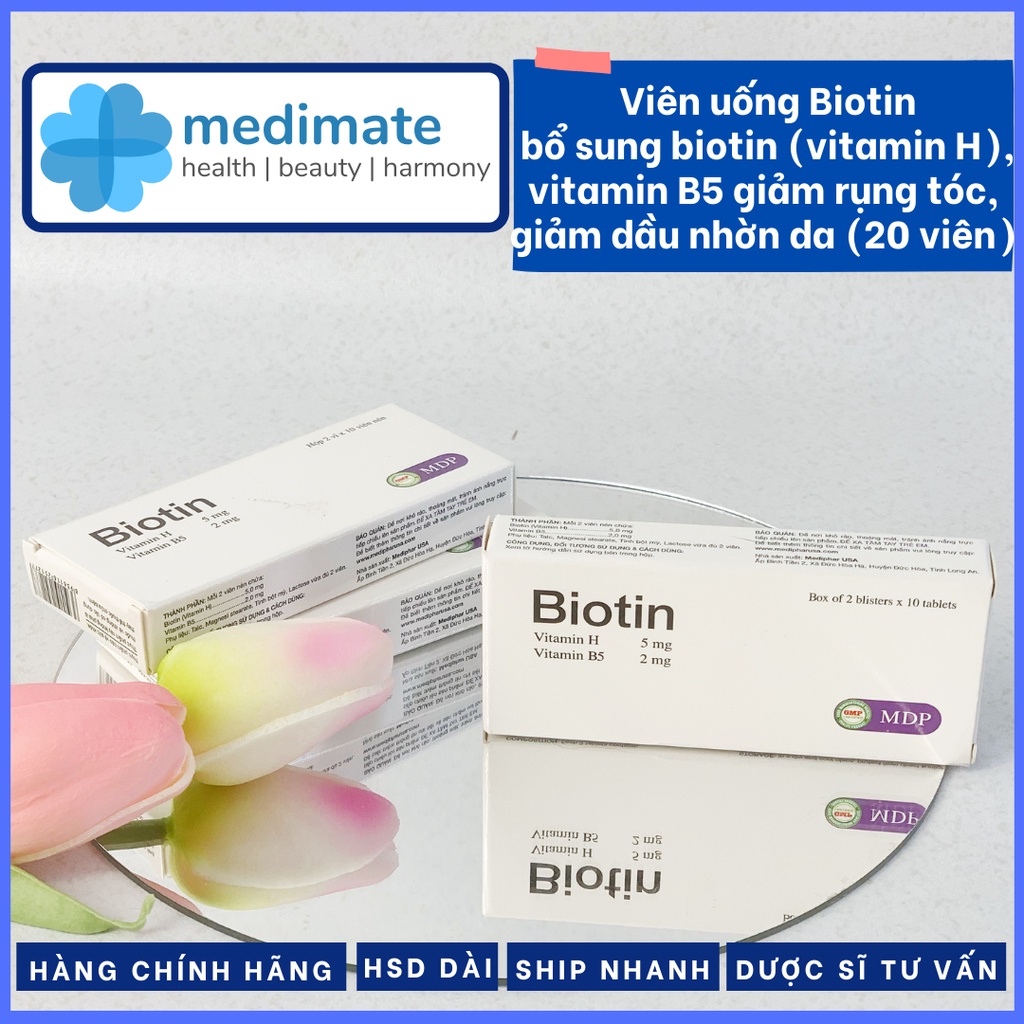 Biotin viên uống bổ sung biotin và vitamin B5 giúp đẹp da, da mịn màng, tóc dày bóng, móng chắc khỏe (20 viên)