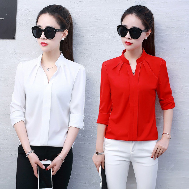 [Baywellfashion]Áo sơ mi vải chiffon tay dài cổ V thanh lịch và duyên dáng cho nữ