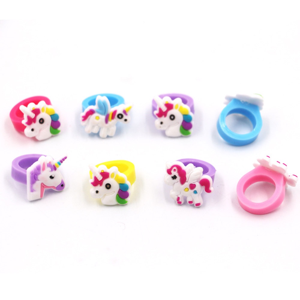 Set 10 nhẫn đeo tay hình kỳ lân bằng silicon PVC nhiều màu dễ thương cho bé