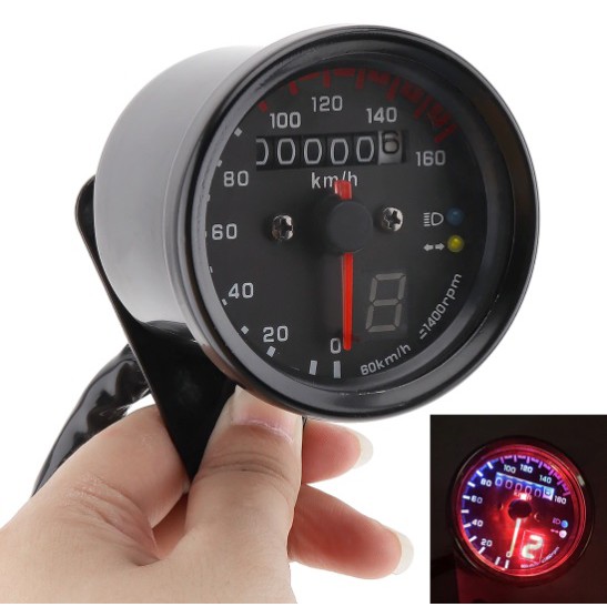 ĐỒNG HỒ XE MÁY CAFE RACER, TRACER - Đồng hồ độ đo km classic màu đen có kèm báo số và 2 đèn báo chức năng cơ bản