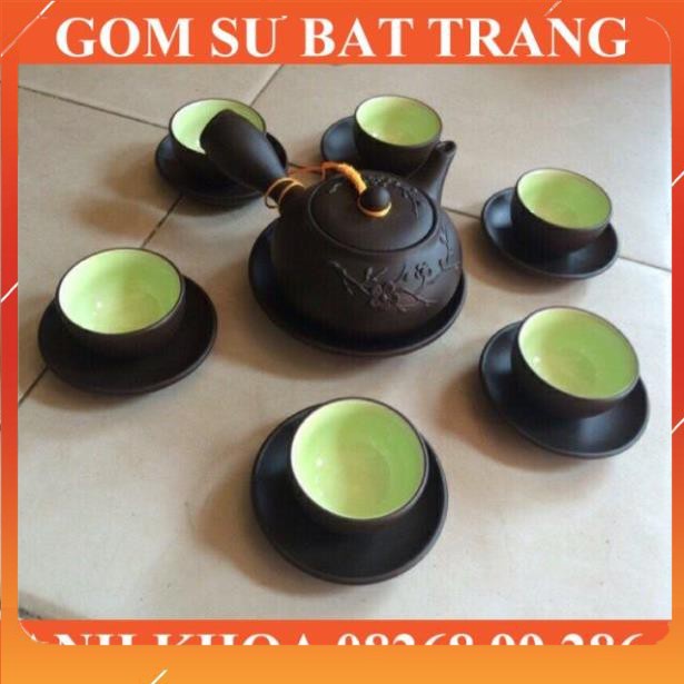 Ấm chén tử sa quai ngang đắp nổi hoa đào Bát Tràng - Gốm sứ Bát Tràng Anh Khoa