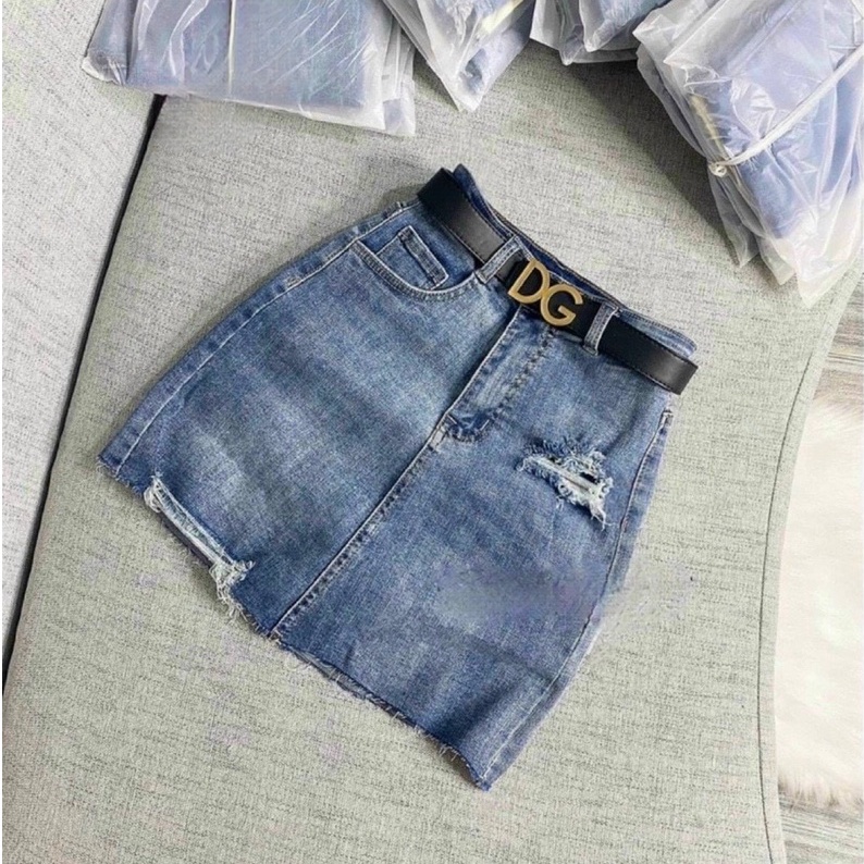 Váy jean nữ rách co giãn chân váy jean rách co giãn lưng siêu cao có lót quần