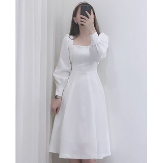 Đầm trắng cổ vuông, tay dài phối ren hạt - Váy trắng cổ vuông, tay dài phối ren hạt, ulrang đi tiệc (hình thật/ sẵn)