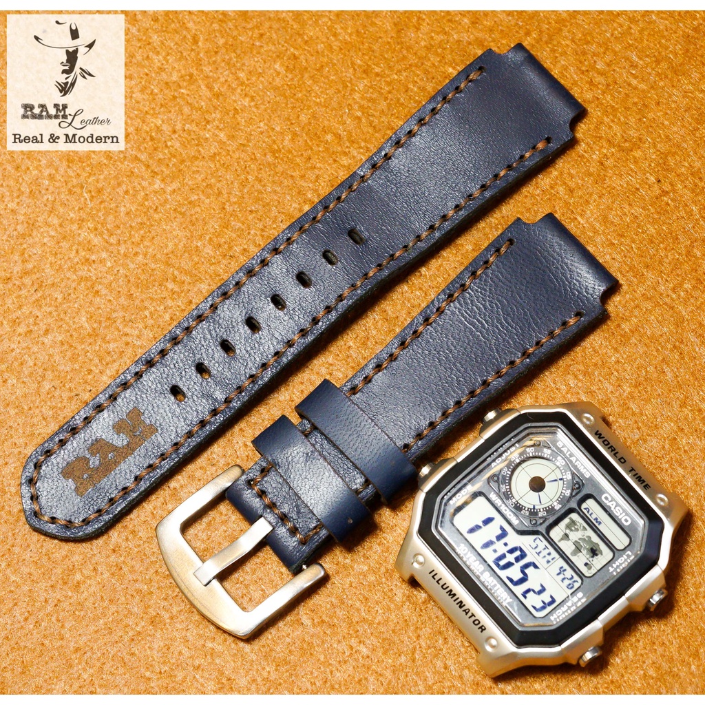 Dây đồng hồ RAM Leather 1993 cho CASIO 1200, AE 1200, 1300, 1100, A159 , A168 , Size 18 da bò màu xanh navy