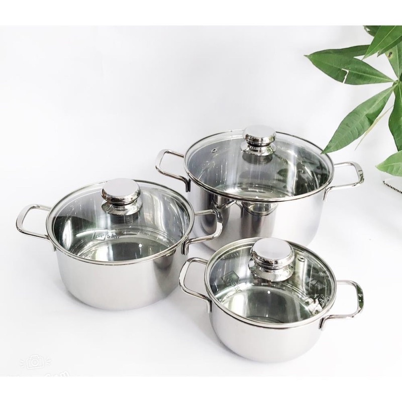 Bộ nồi inox 430 Fivestar Standard 3 đáy bếp từ nắp kính FSB3004 (16cm,20cm, 24cm )