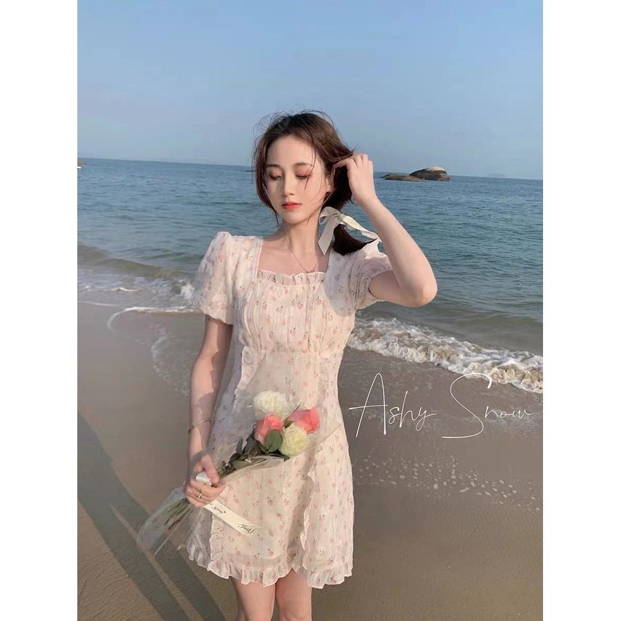 Peach White Tea Pure For Girls wood ear chiffon floral dress little short paragraph spring and summer