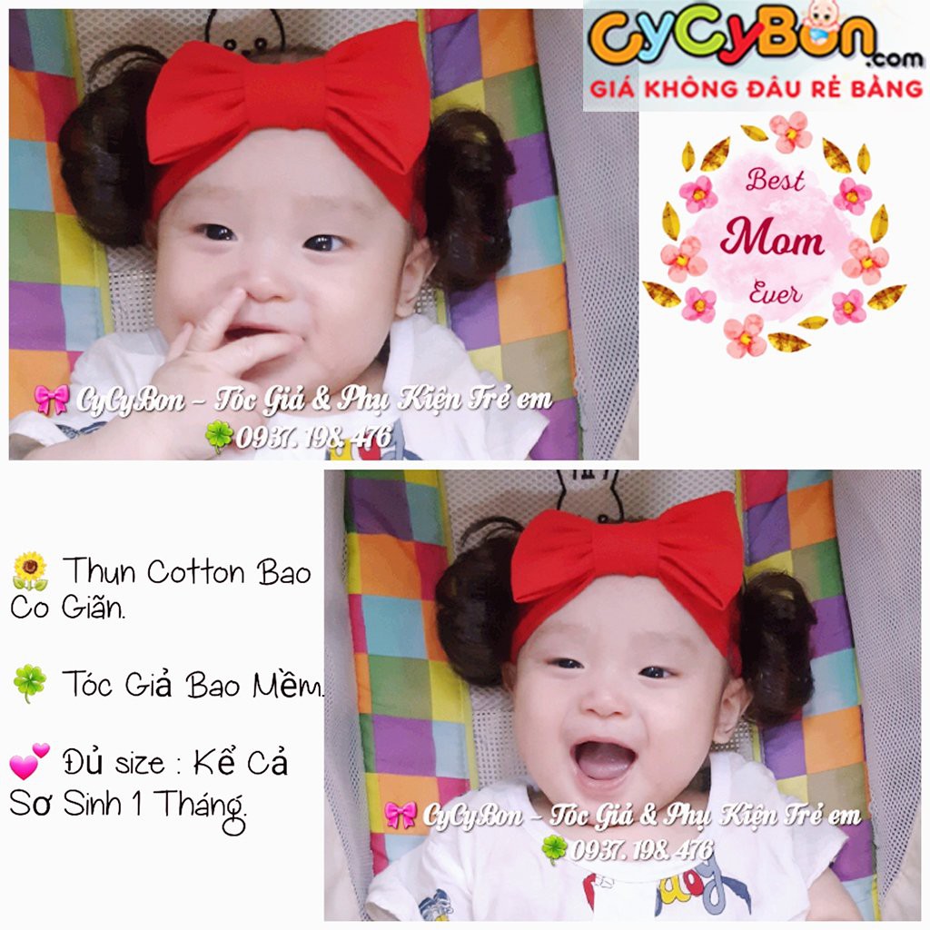 Băng Đô Turban Cho Bé Gái Tóc Giả Hai Bên -Vải Thun Cotton Đính Nơ Đỏ - Có Đủ Size Cho Bé Từ Sơ Sinh !