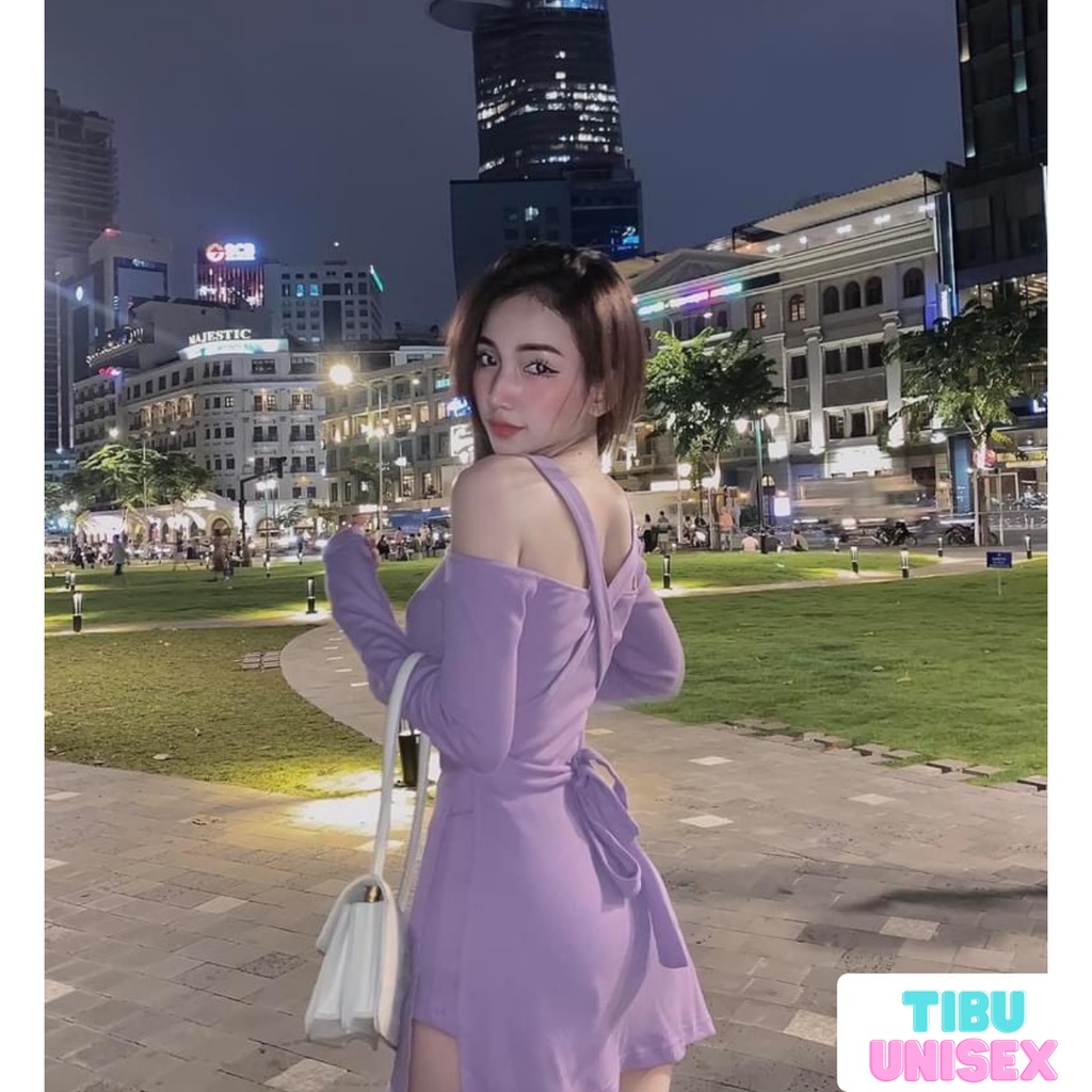 Set Đầm 2 dây body trễ vai đan lưng lạ mắt TIBU, quần giả váy nữ sexy cột nơ dáng ôm phù hợp đi tiệc đi chơi 2022