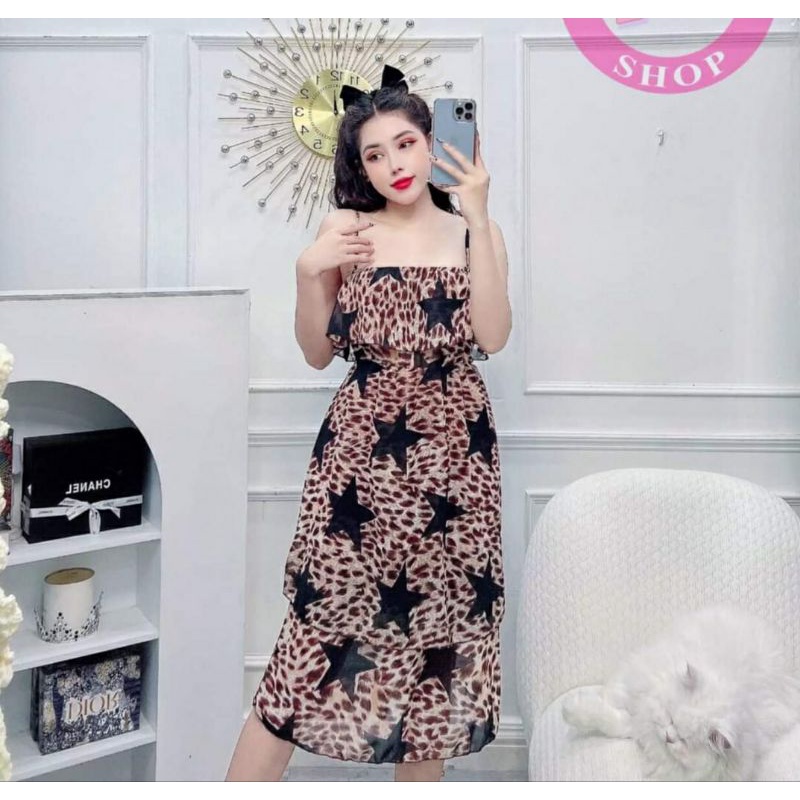 Đầm voan nữ mặc nhà hai dây cột nơ