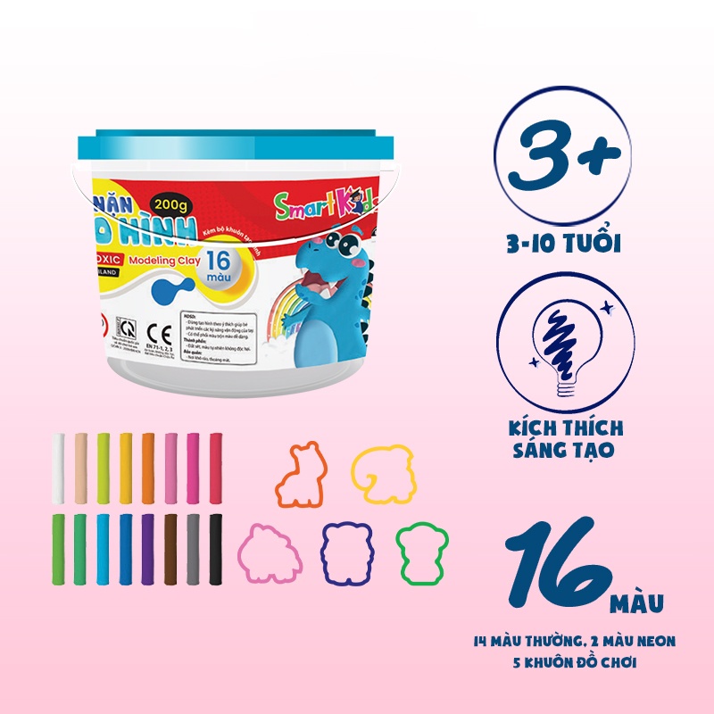 Đất Nặn Hủ Nhựa 200g - 5 khuôn - 16 Màu - MC01 - SmartKids - 8935276427669