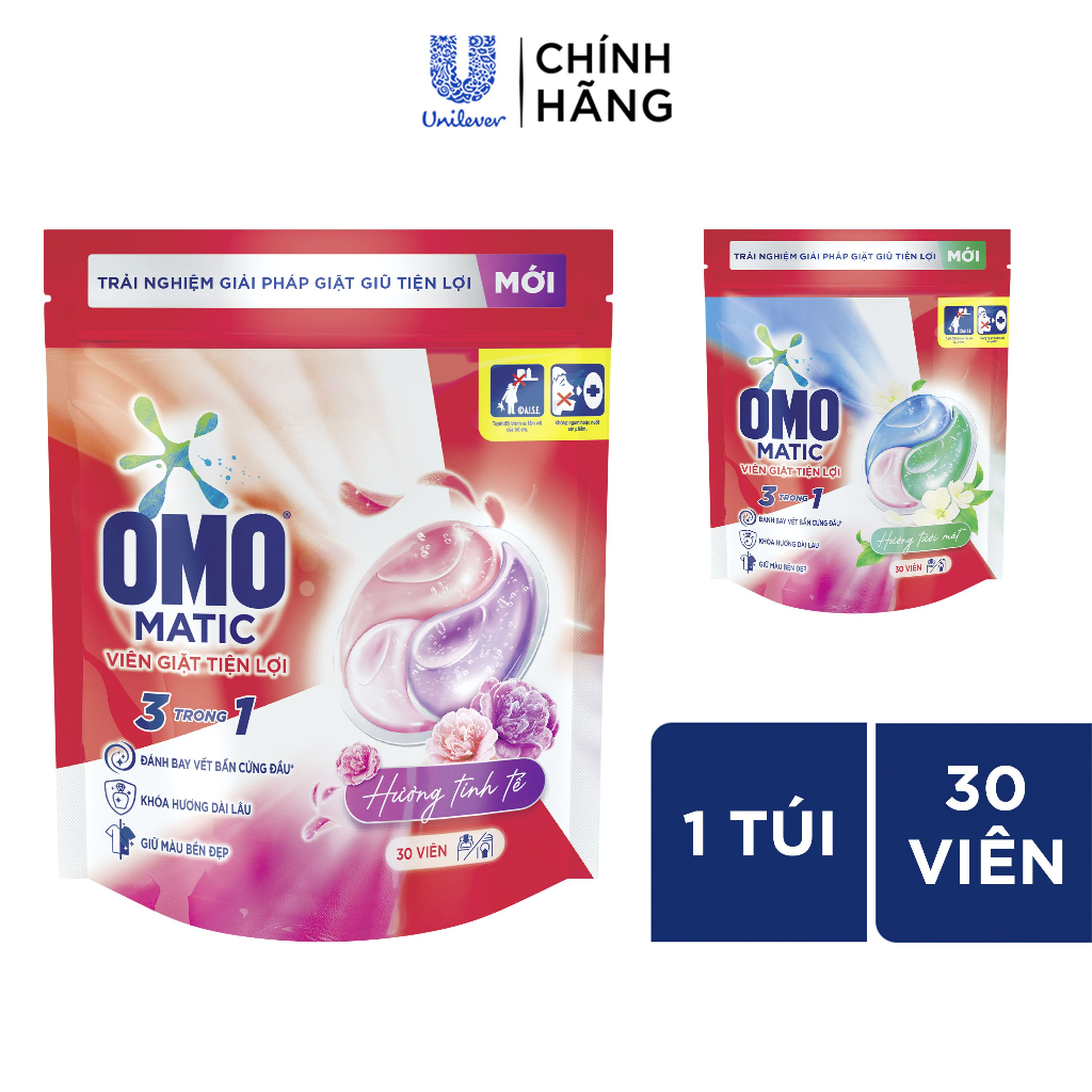 Túi viên giặt tiện lợi OMO 3 trong 1 (30 viên/túi)