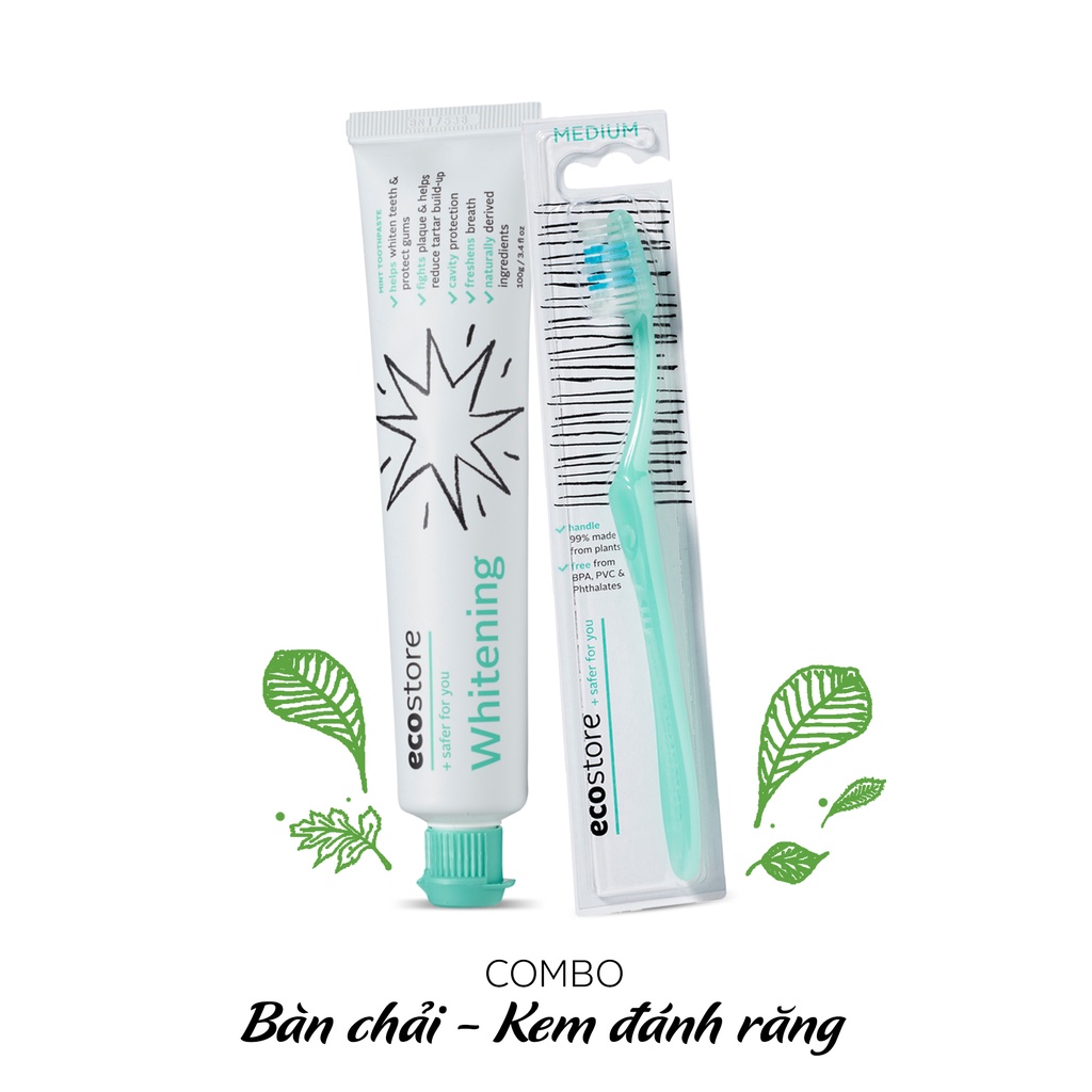 Ecostore Combo kem đánh răng trắng răng + bàn chải đánh răng gốc thực vật (nhiều lựa chọn)