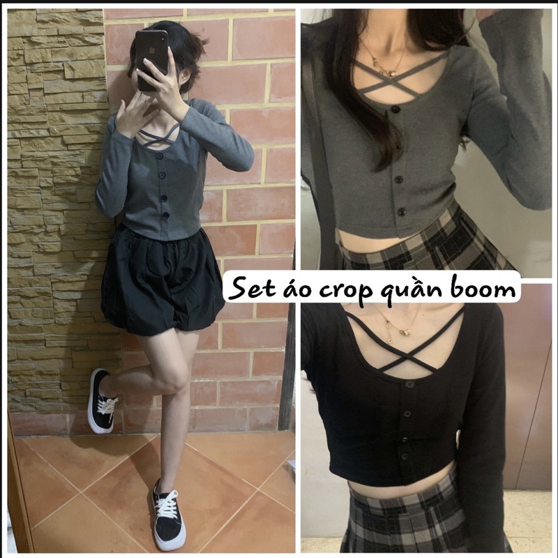 Áo croptop CHÉO CỔ - Set áo quần BOOM siêu xinh