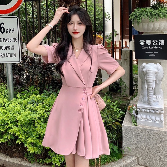 Đầm Tay Phồng Ngắn Cổ Chữ V Xếp Ly Thời Trang Hàn Quốc Xinh Xắn Cho Nữ