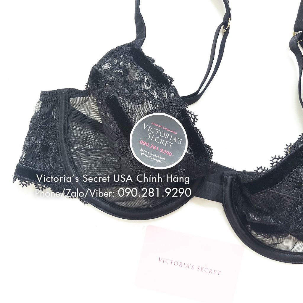 34B, B75 (Auth Mỹ) - Áo bra Vic Luxe Lingerie (121) màu đen phối ren lưới, Luxe Black - Victoria's Secret USA