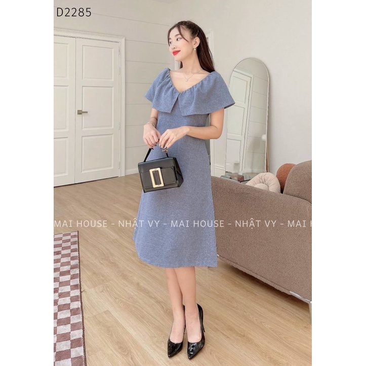 Đầm Nữ NHẬT VY Sát Nách Cổ V Tay Bèo Trễ Vai Chất Linen Đi Tiệc Dáng Suông Màu Xanh, Nude - D2285