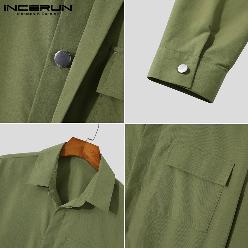 Áo liền quần INCERUN dài tay màu trơn phối dây thắt lưng thời trang cho nam