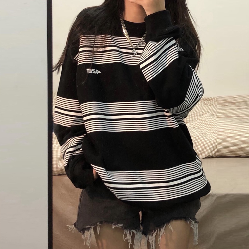 SUXI Áo sweater cổ tròn kẻ sọc thiết kế sành điệu thời trang mùa thu phong cách Hàn Quốc cho nữ