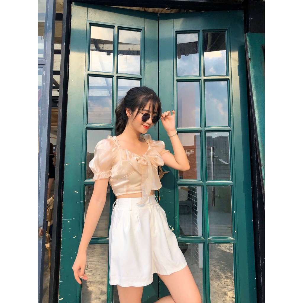 (HÀNG QC) ÁO CROPTOP VOAN KÍNH NƠ NGỰC BẢN TO MÀU BE - ÁO TRỄ VAI MẶC 2 KIỂU CỔ VUÔNG CHIFFON ULZZANG