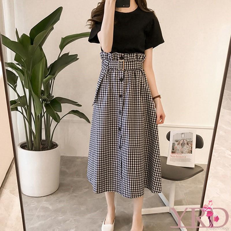 Set áo thun màu trơn + chân váy lưng cao cho phái nữ | BigBuy360 - bigbuy360.vn