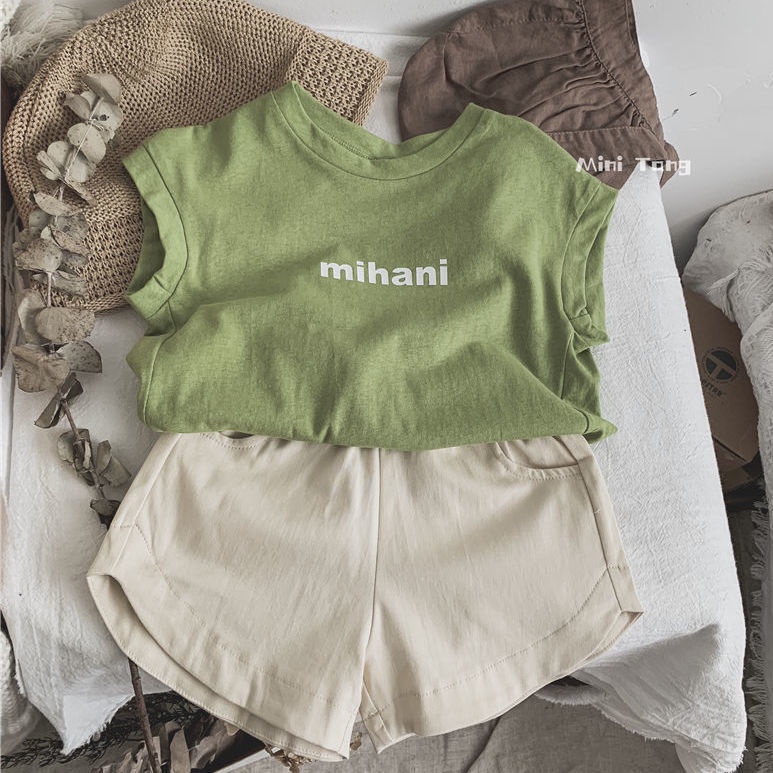 MNGRL Đồ Bộ Áo Ba Lỗ Quần Đùi Ống Rộng Cotton Mềm Mát Thoải Mái Hàn Quốc Cho Bé Trai Bé Gái