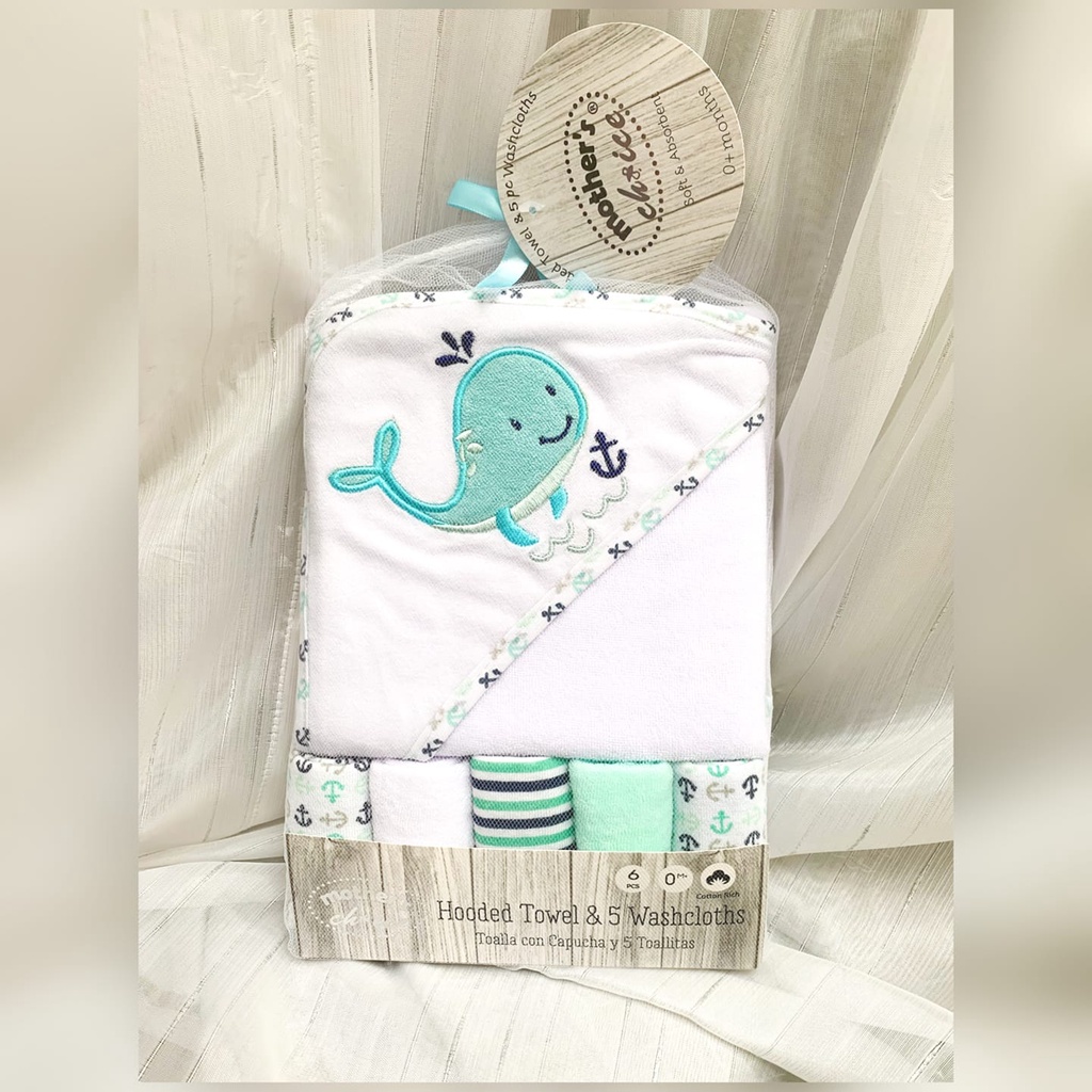 Set Khăn tắm cho bé trùm đầu (75x75cm) kèm 5 khăn mặt (23x23cm) hình cá heo xanh đáng yêu Mother's Choice IT3478