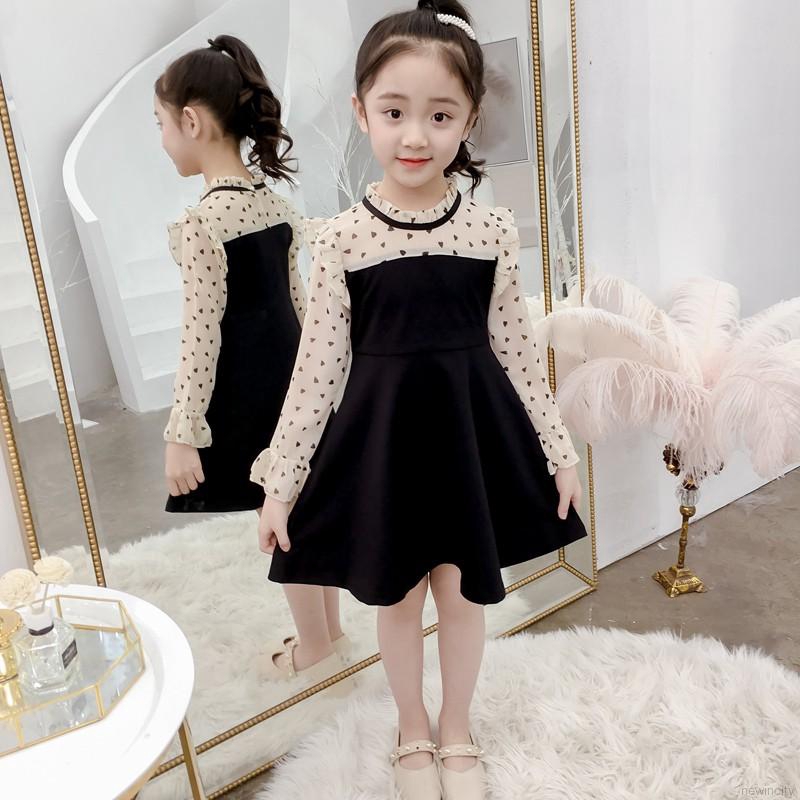 Đầm tay dài phồng in họa tiết trái tim phong cách Hàn Quốc thời trang cho bé gái