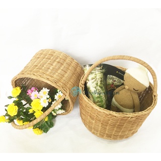 Giỏ picnic bằng mây tự nhiên vintage - sọt mây tròn đựng đồ đa năng có quai handmade