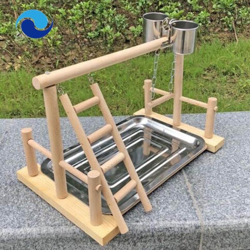 Giá Đỡ Đứng Bằng Gỗ Kèm Cốc Đựng Thức Ăn Tiện Dụng Cho Vẹt