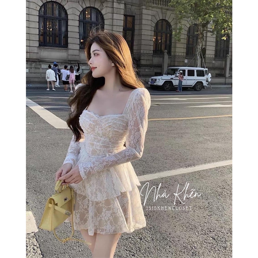 Váy ren nude 2 tầng xoè tay dài tiểu thư