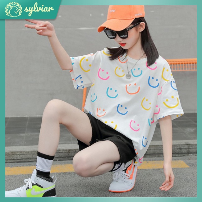 Áo Thun Cổ Tròn Tay Ngắn Dáng Rộng In Họa Tiết Hoạt Hình Thời Trang Mùa Hè Cho Bé 4-10 Tuổi