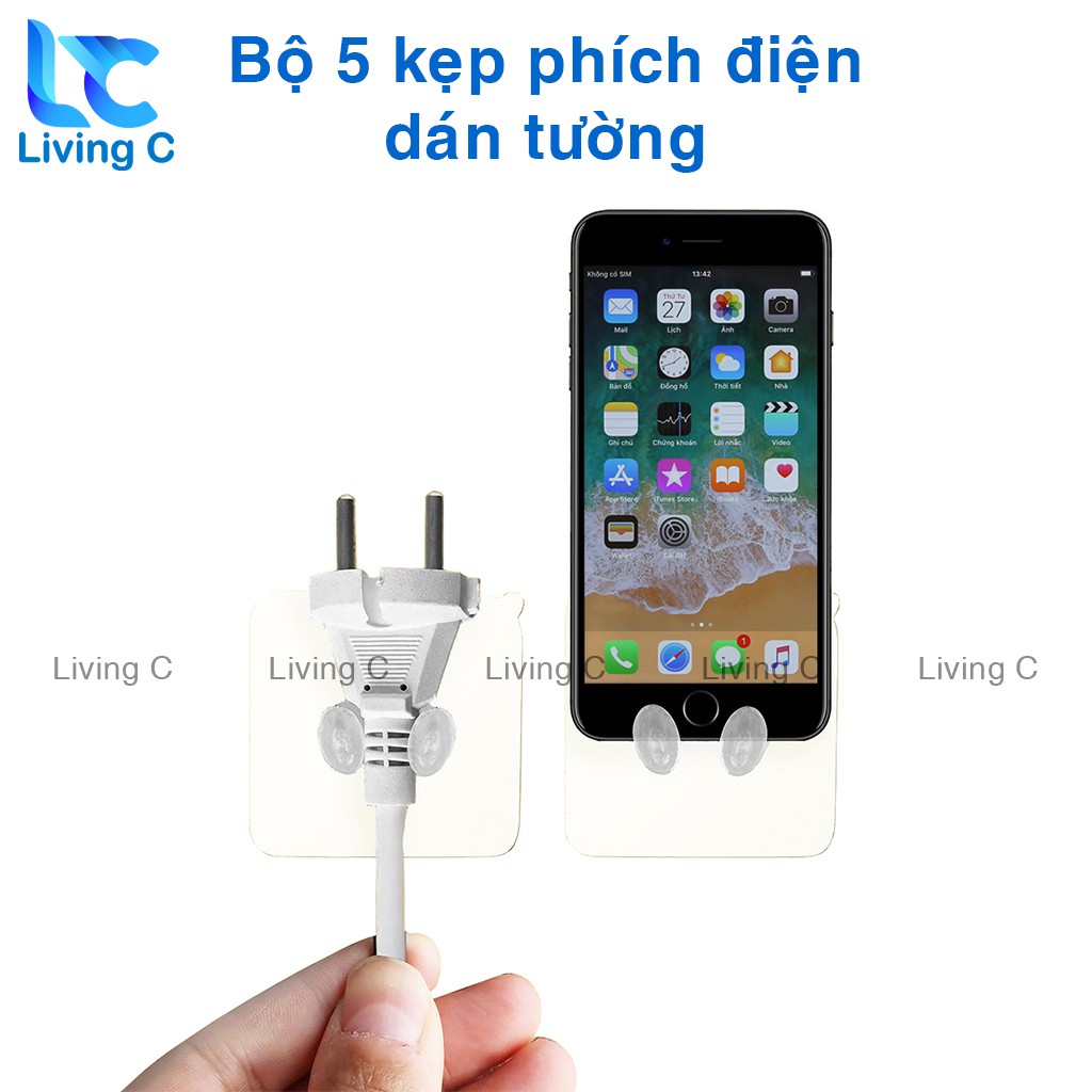 Móc dán tường treo dây điện phích cắm điện thoại dán tường Living C , bộ 5 móc treo đa năng dán tường _B25