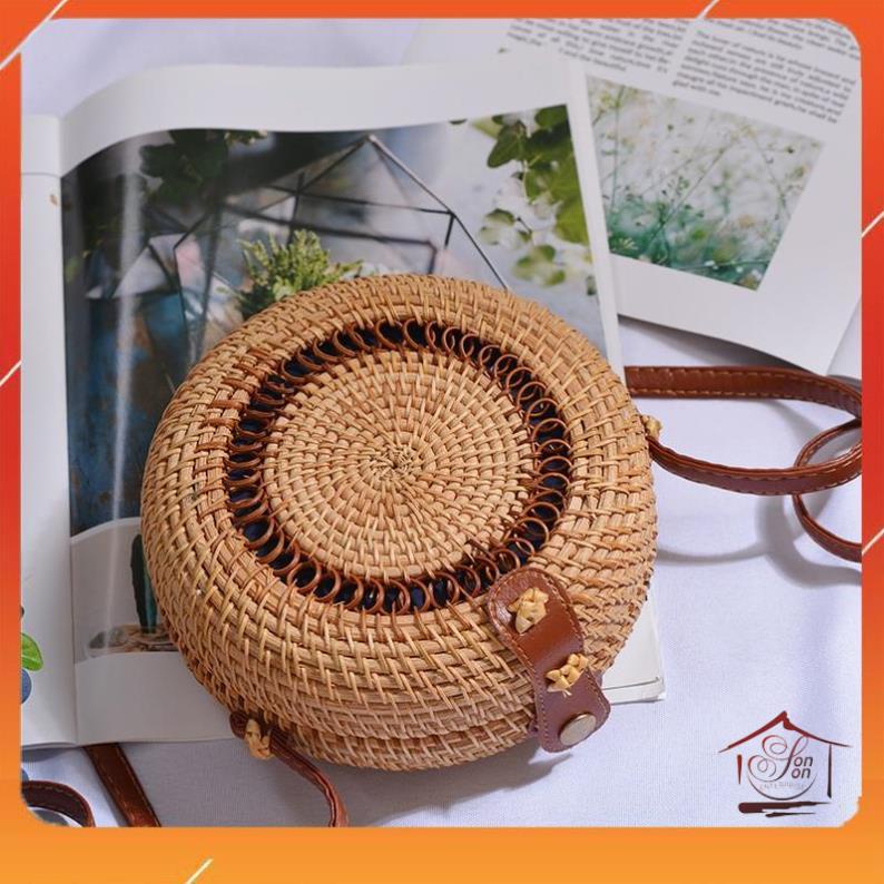 Túi mây đan thủ công hình trống viền Ovan - đeo vai - phong cách Vintage