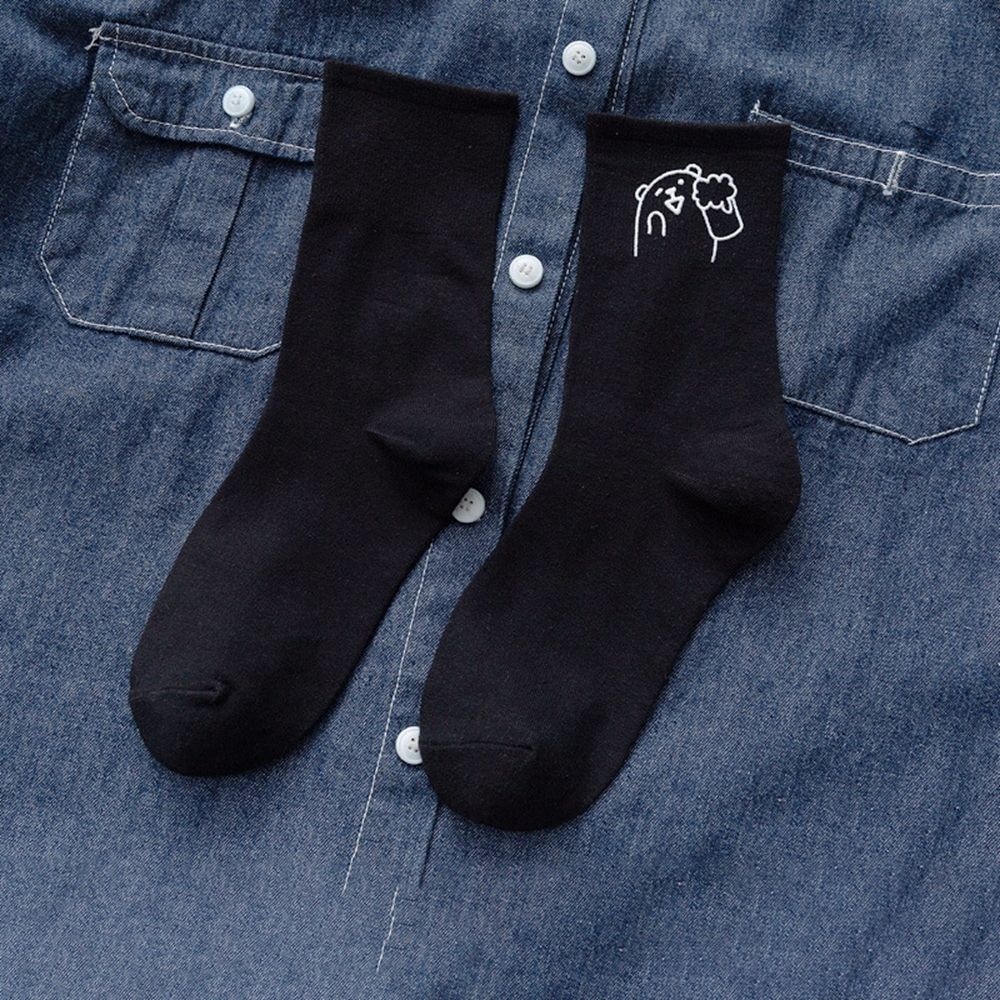 Vớ cotton cổ vừa thoáng khí in hình gấu màu trắng đen phong cách cho nữ
