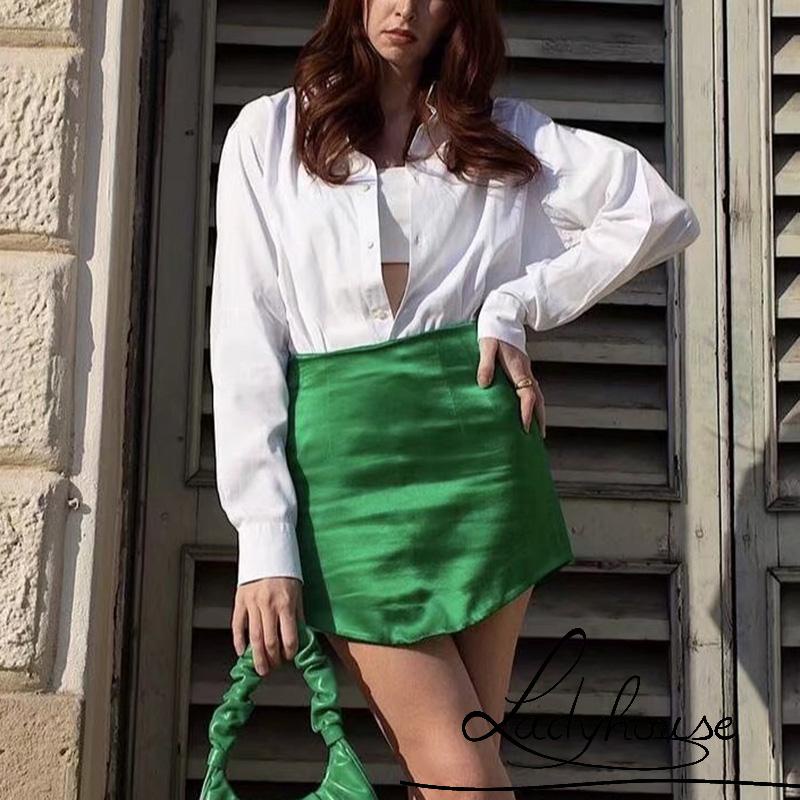 Chân váy chữ A mini bằng satin màu sắc đơn giản thích hợp cho nữ