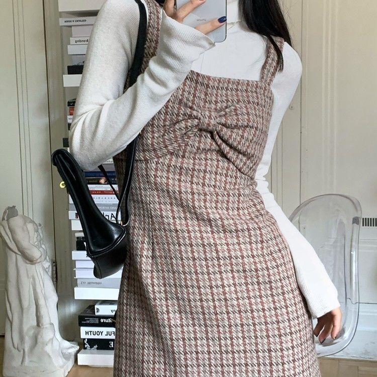 Đầm len chữ A thắt nơ họa tiết kẻ sọc ngọt ngào thời trang thu đông kiểu Pháp mới 2021