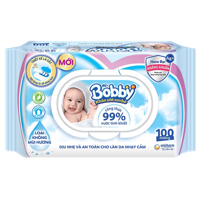 Khăn Ướt Bobby 100 Tờ Không Mùi / Có Mùi Dịu Nhẹ