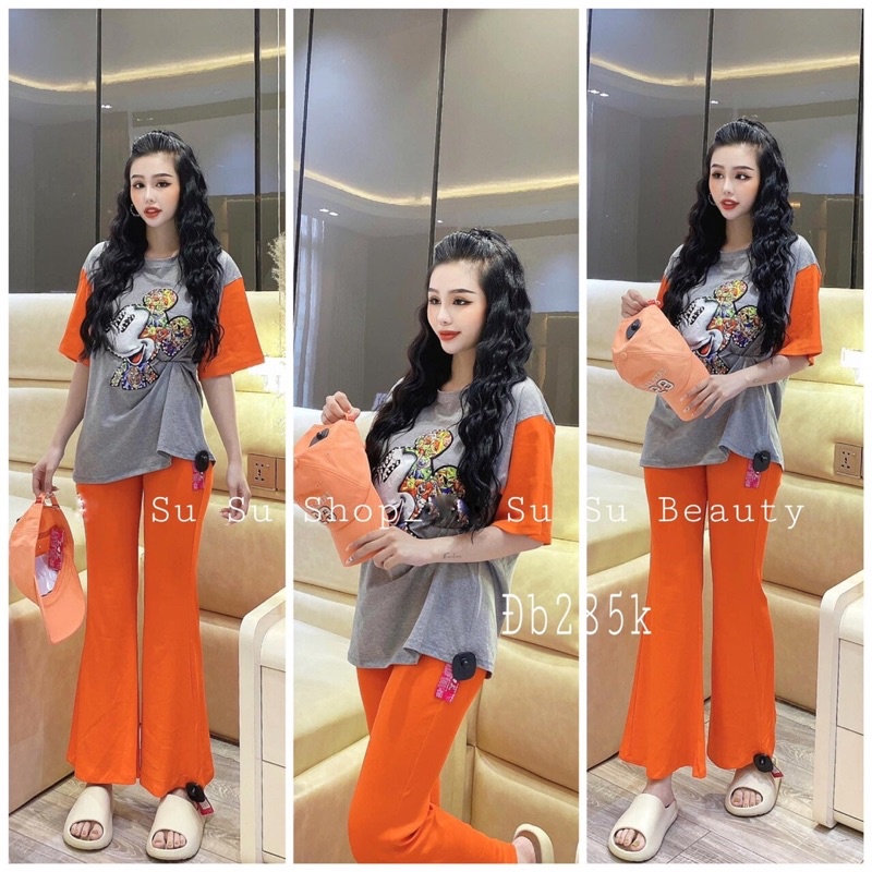Set bộ áo thun cotton tay phối quần ống loe kèm hình thật