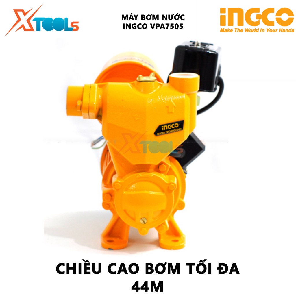 Máy bơm nước INGCO VPA7505 Máy bơm tăng áp Điện thế 220-240V~50Hz Công suất 750W(1.0HP) Chiều cao bơm tối đa 44 m bơm nư