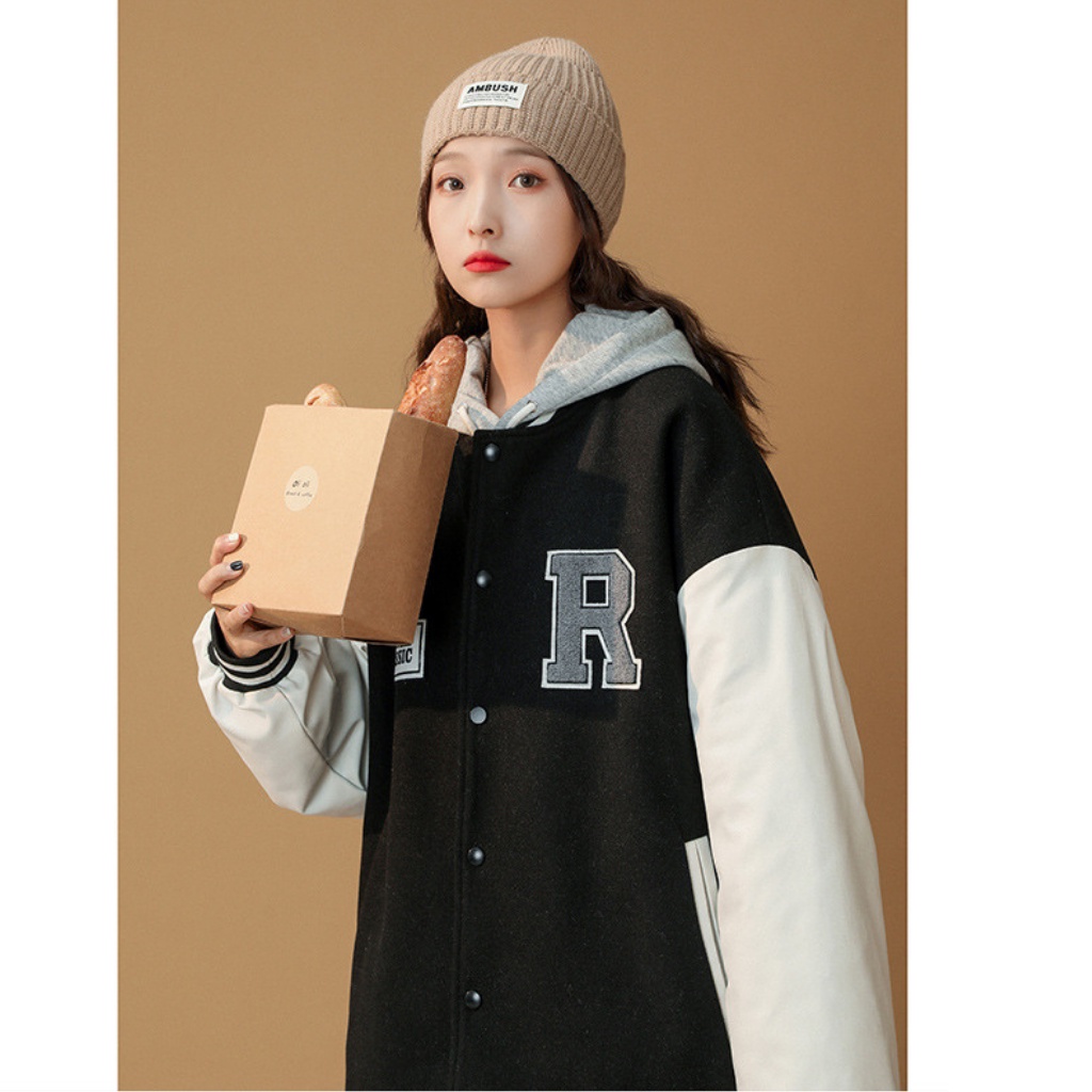 Áo Khoác Bomber Varsity Jacket Bóng Chay Chất Liệu Dạ BOM HOUSE Nam Nữ 2 Lớp Logo Thêu