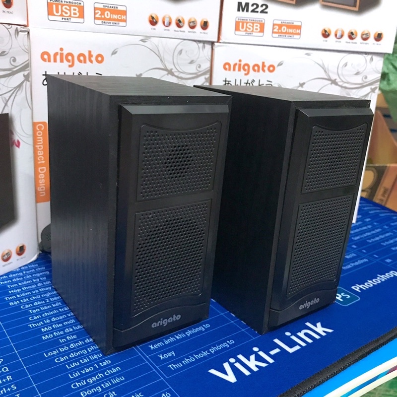 Loa máy tính vi tính laptop mini để bàn vỏ gỗ Arigato M22 loa Loyfun bass giá rẻ âm thanh hay, hình thức đẹp, chuẩn 3.5.