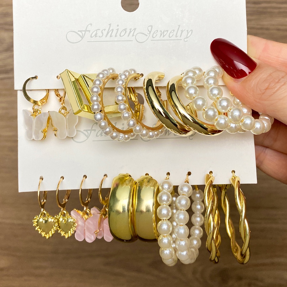 Set 9 khuyên tai bạc vàng nhỏ dầu ngọc trai resin rắn bướm thời trang