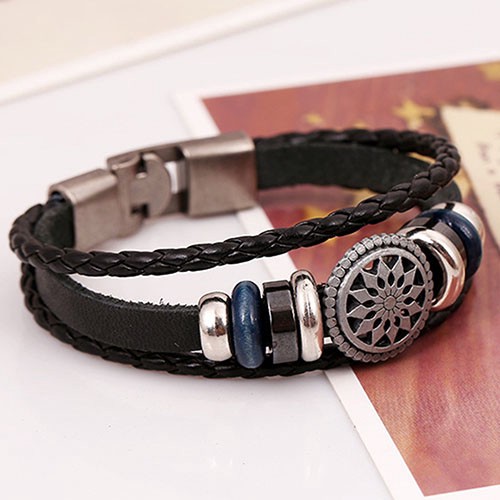 Vòng Tay Bện Dây Giả Da Nhiều Lớp Trang Trí Hoa Dập Lỗ G07