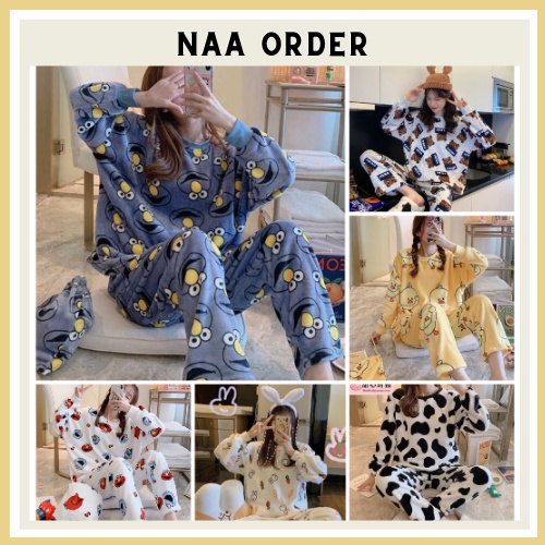 Bộ ngủ nữ đáng yêu siêu nhẹ giữ nhiệt, bộ ngủ cute chất liệu lông cừu siêu ấm
