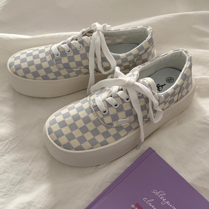 Giày thể thao nữ caro màu ấm đế bánh mì siêu êm chân phong cách Ullzang