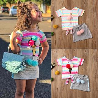 Set áo thun tay ngắn và váy mini in hình cây kem/ chim hồng hạc cho bé gái