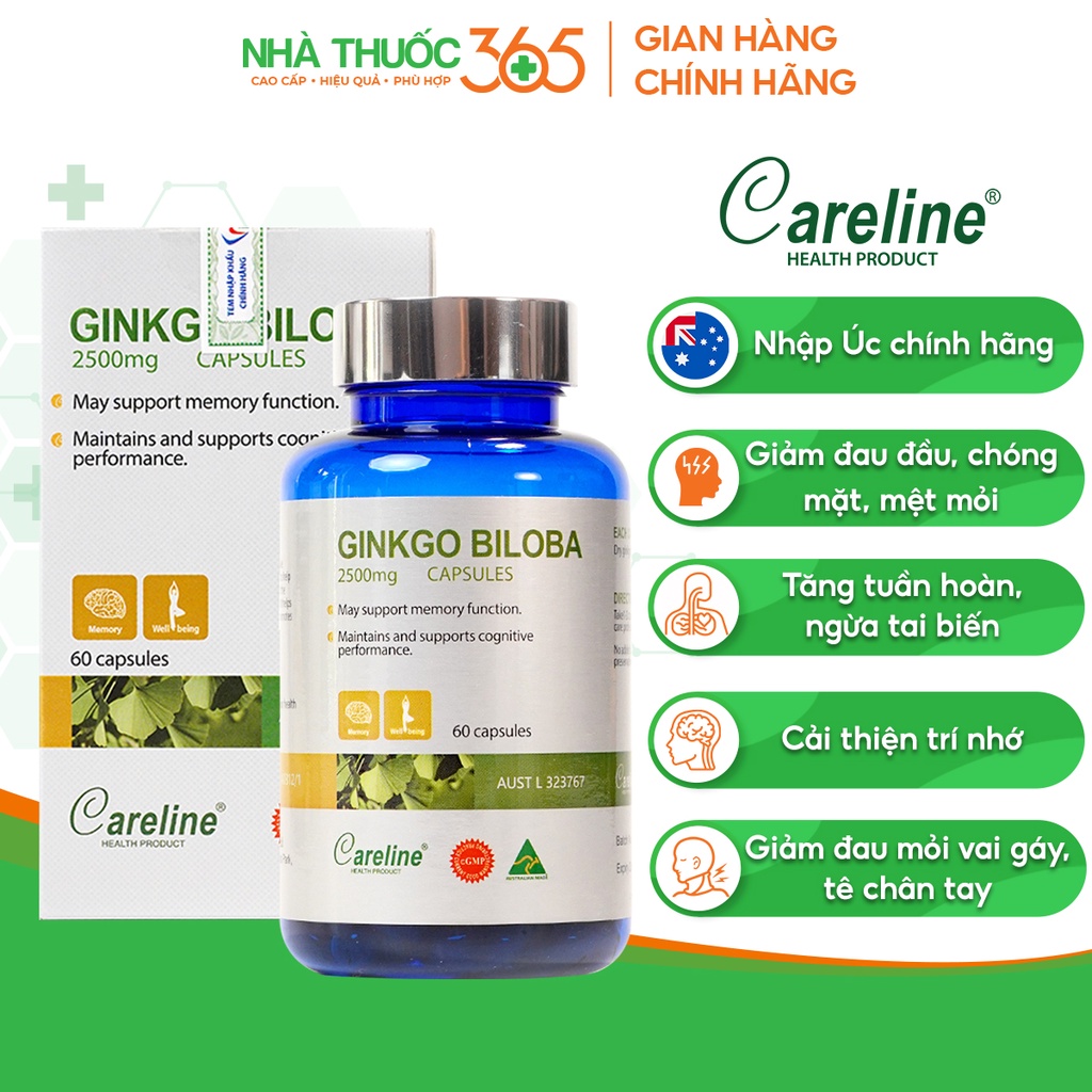 Viên Uống Cải Thiện Trí Não Careline Ginkgo Biloba 2500mg Chiết Xuất Từ Lá Cây Bạch Quả - 60 Viên
