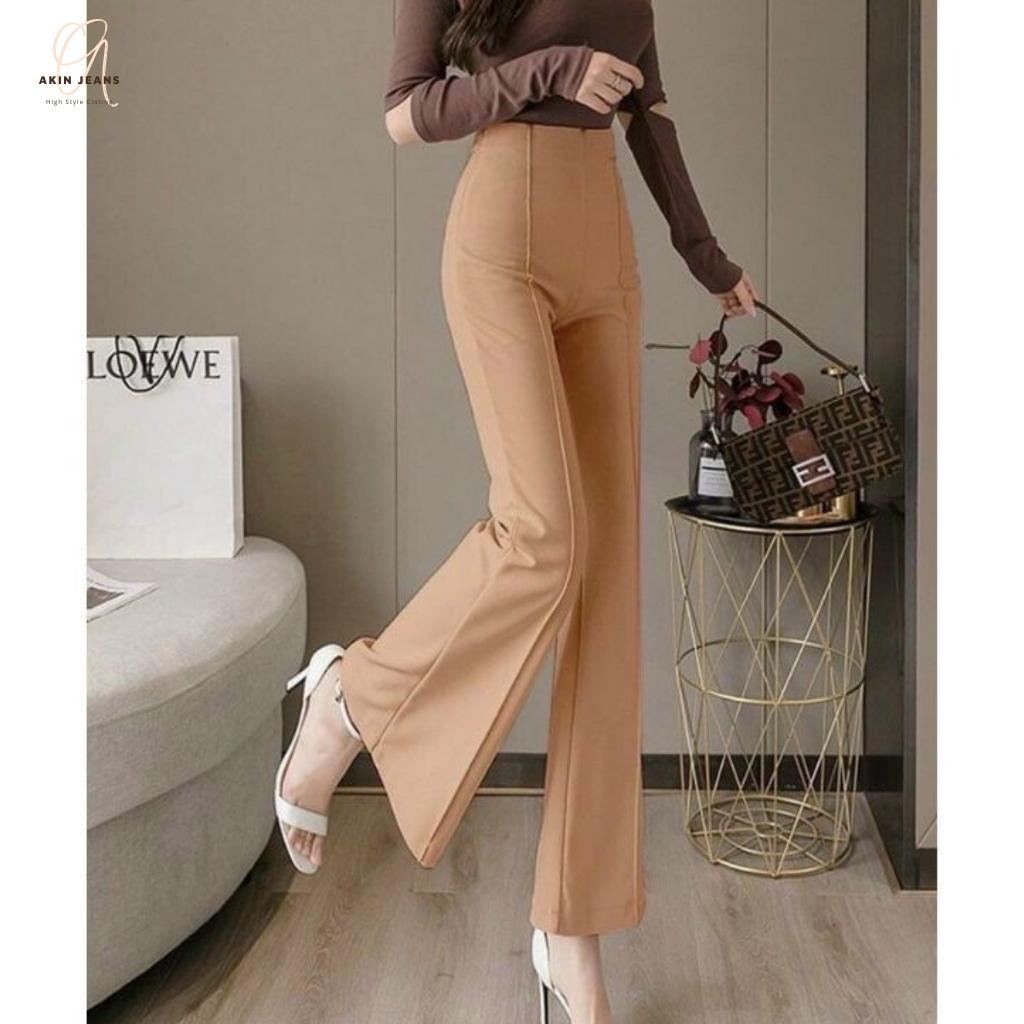 Quần Âu Nữ Ống Loe Gân Akin Jeans Quần Tây Cạp Liền Ống Vẩy Khóa Sau Dáng Công Sở, Qlg, Qc
