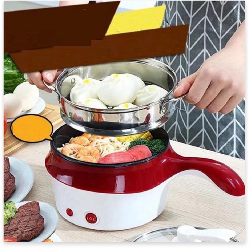 Nồi nấu mì mini BH 1 THÁNG Ca nấu mì, nấu cowmd đa năng có lồng hấp 18cm, tau cầm dài, kiểu dáng đẹp mắt 8182