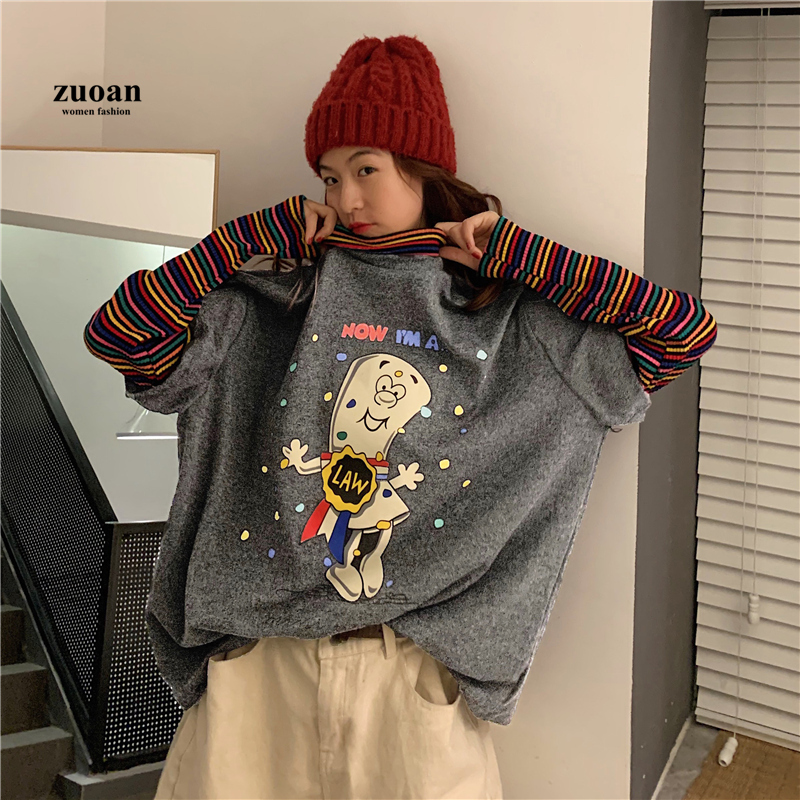 SUXI Áo Thun Hàn Quốc Tay Dài Phối Hoạ Tiết Hoạt Hình